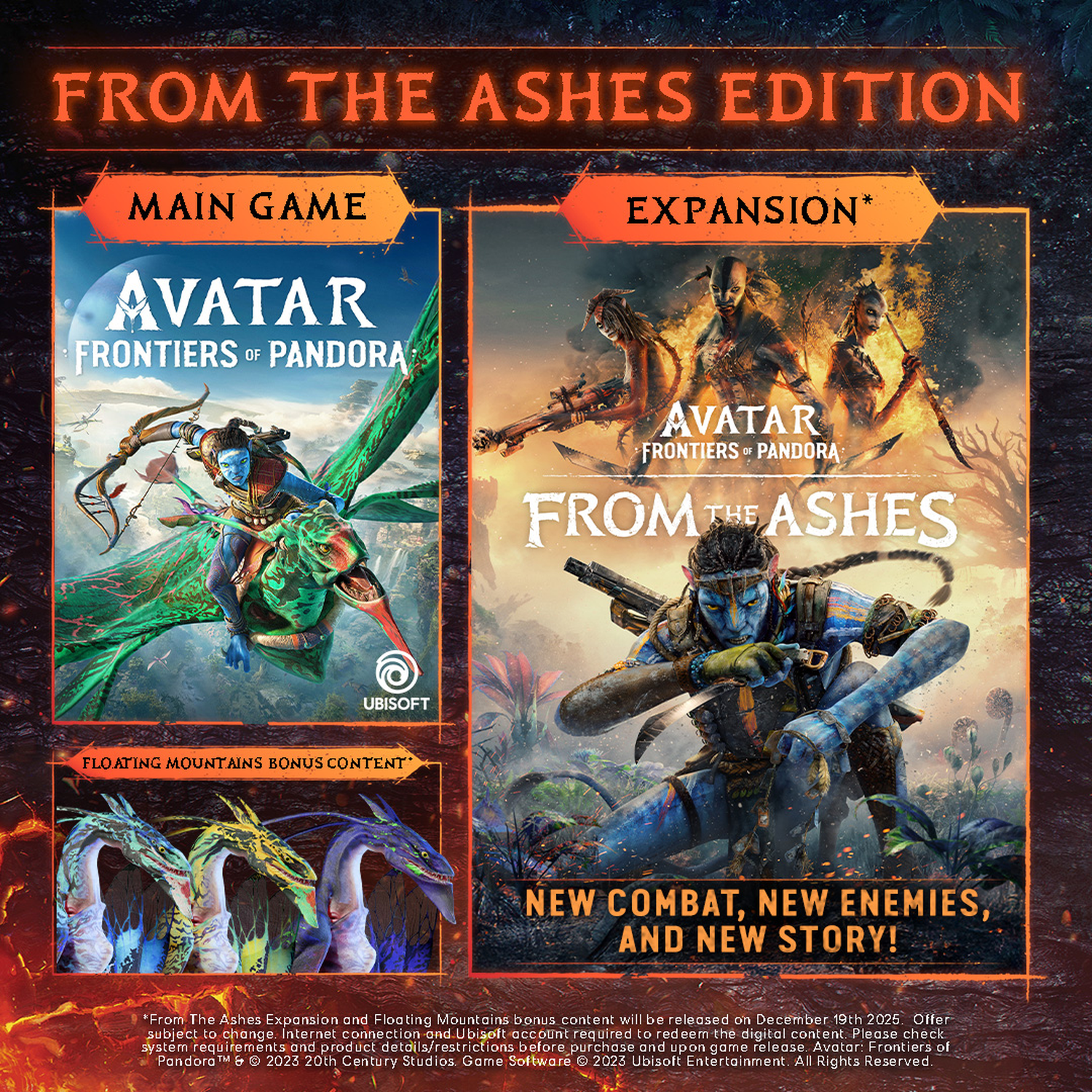 Avatar: Frontiers of Pandora game-advertentie. Hoofdspel- en Uitbreidingssecties met personages en een bonusinhoudsectie.