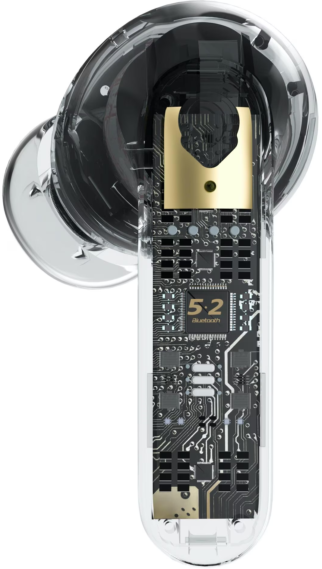 Ein transparenter Ohrhörer mit sichtbaren internen Komponenten. Ein goldfarbenes Element und eine Platine befinden sich im Inneren, mit dem Bluetooth 5.2 Logo.