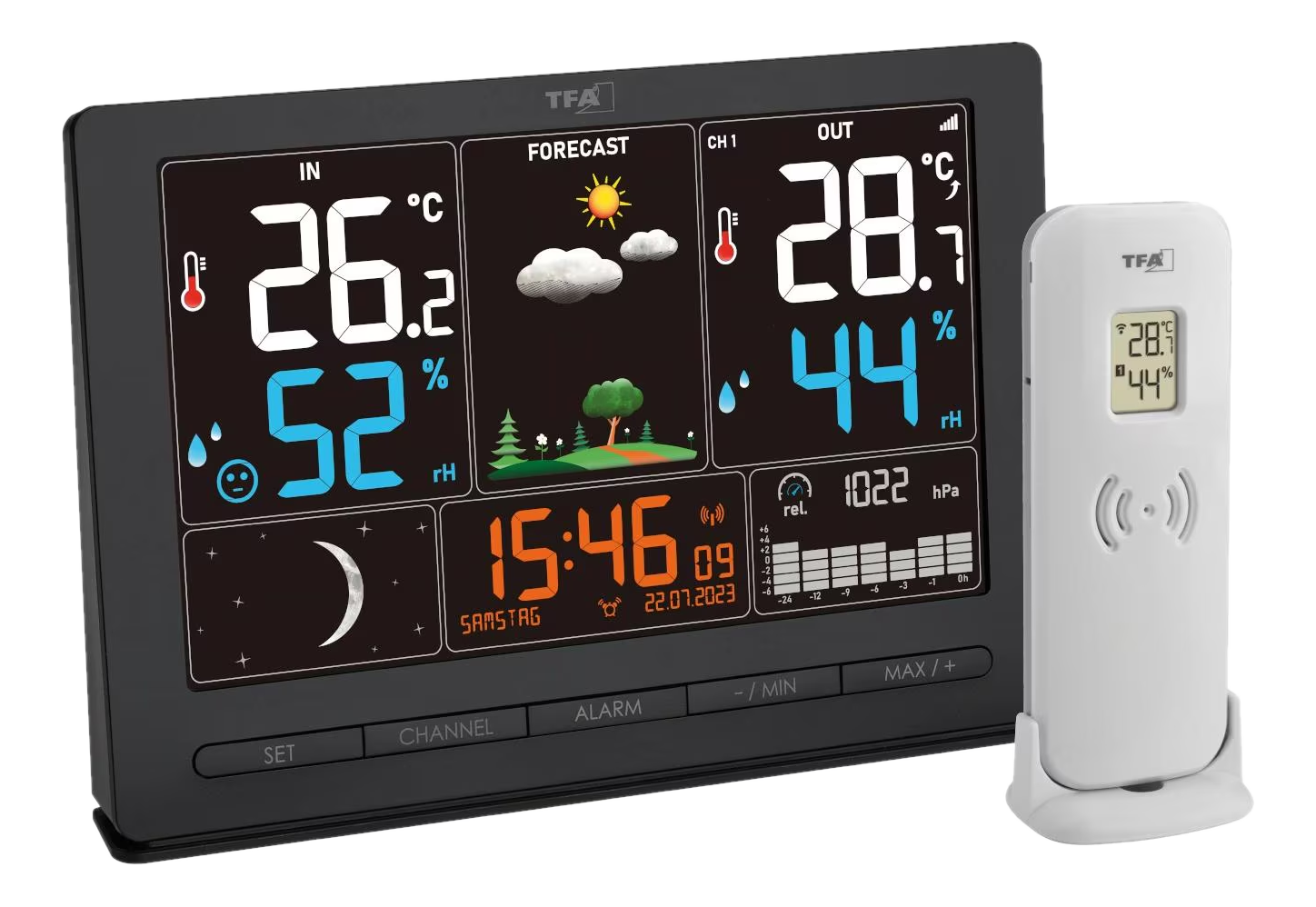 Une station météo noire affiche la température, l'humidité et des icônes de prévisions. Une télécommande blanche affiche des données similaires.