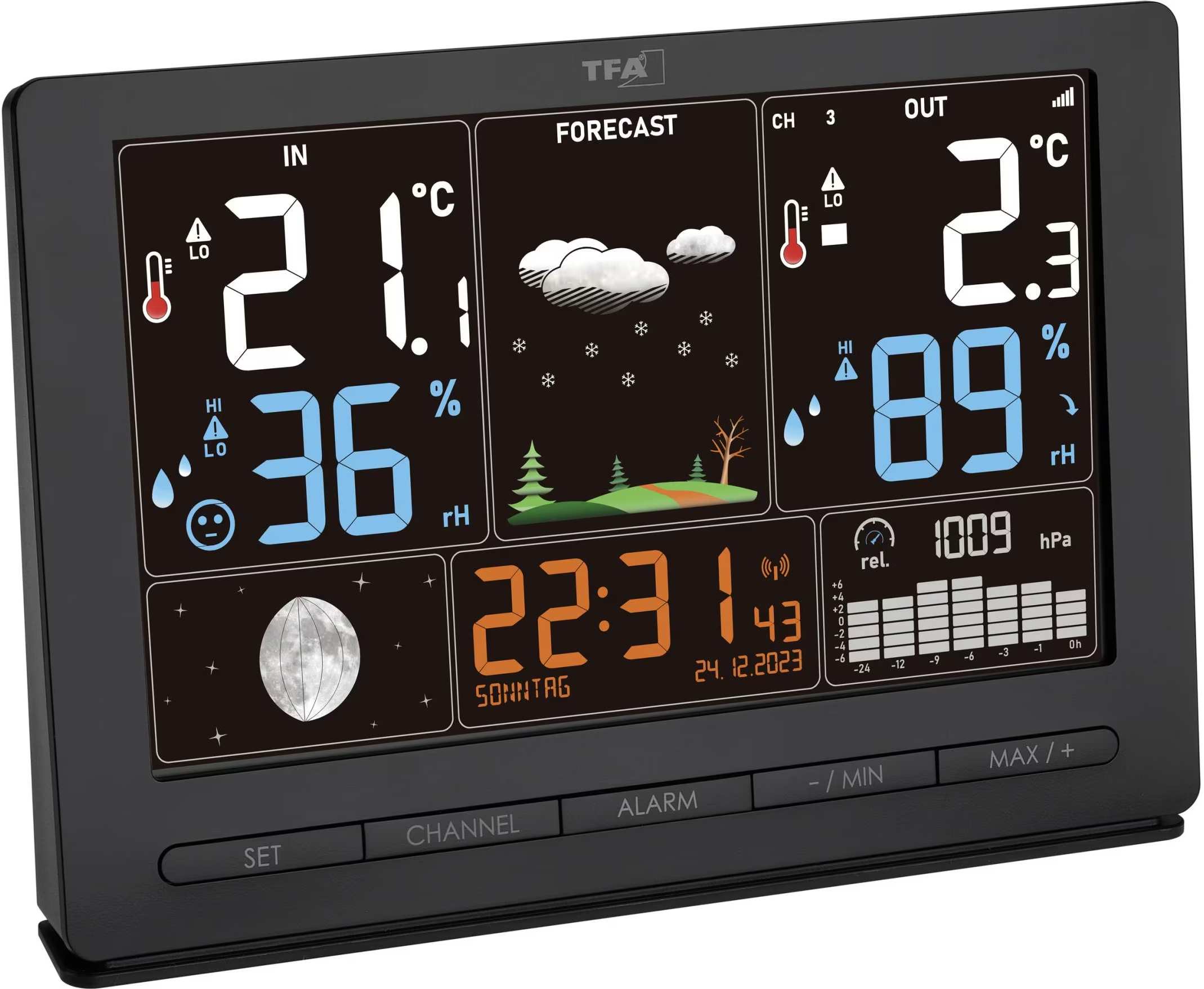 Station météo numérique affiche température, humidité, heure, date et icônes de prévisions météo sur écran noir.