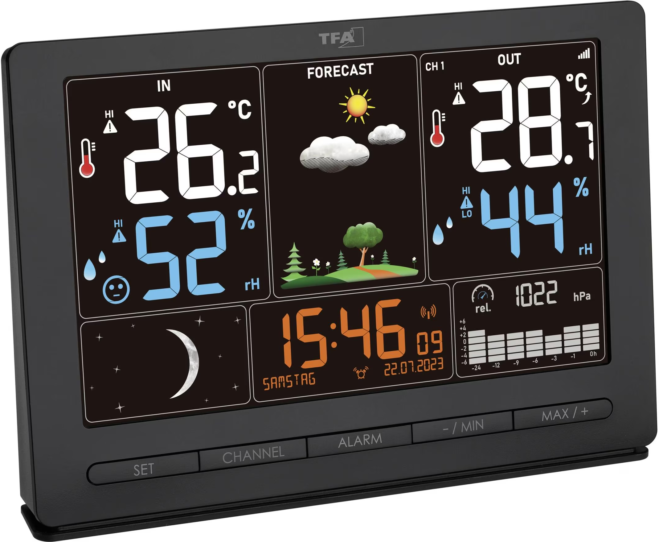 Station météo noire affichant température, humidité, heure et icônes météo. Boutons de réglage en bas.
