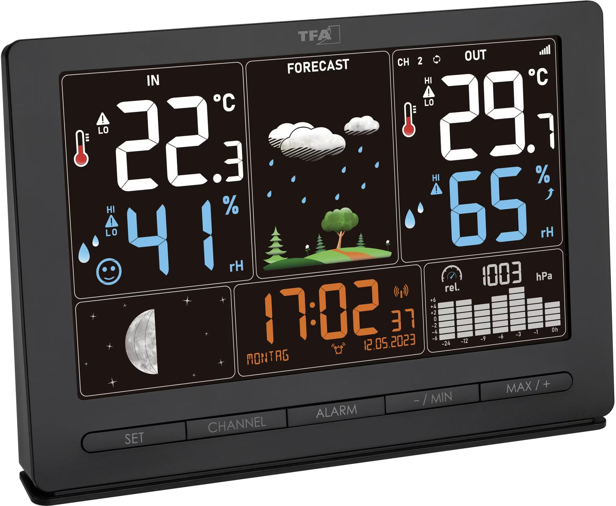 Station météo numérique affiche température, humidité, heure, date et prévisions avec cadre et boutons noirs.