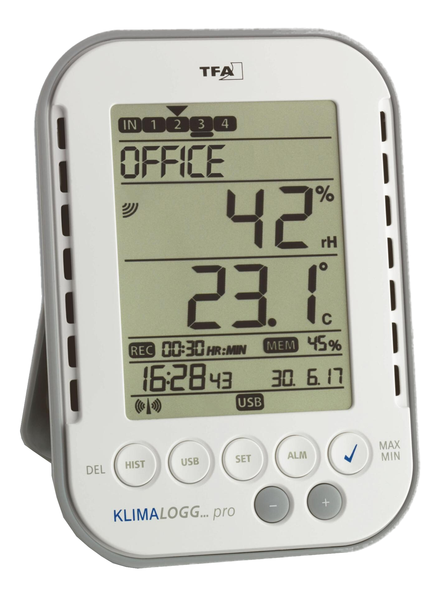 Un thermomètre numérique affichant bureau, humidité 42%, température 23.1°C, heure, date et divers boutons de fonction.