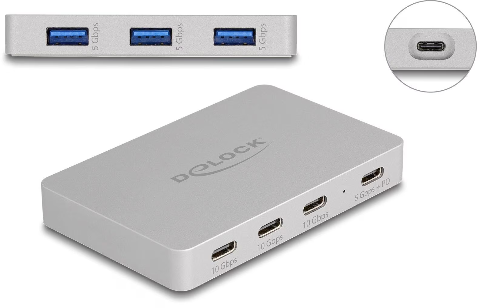 Hub USB argenté avec plusieurs ports, dont USB-A et USB-C. Le hub porte la marque 'DOLOCK' et prend en charge différentes vitesses de transfert de données.