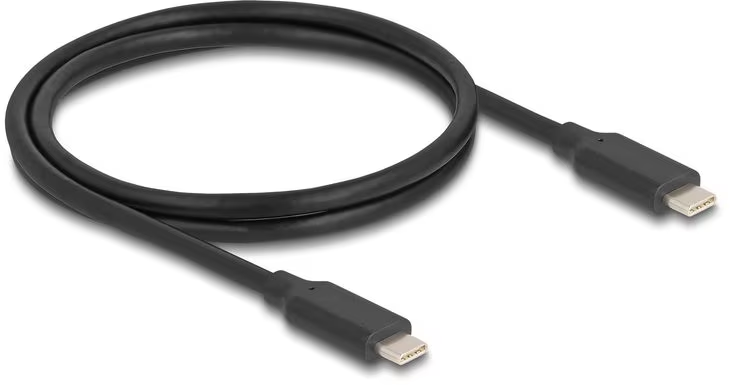 Un câble USB-C noir repose sur une surface blanche. Les deux extrémités du câble sont visibles, montrant les connecteurs USB-C.