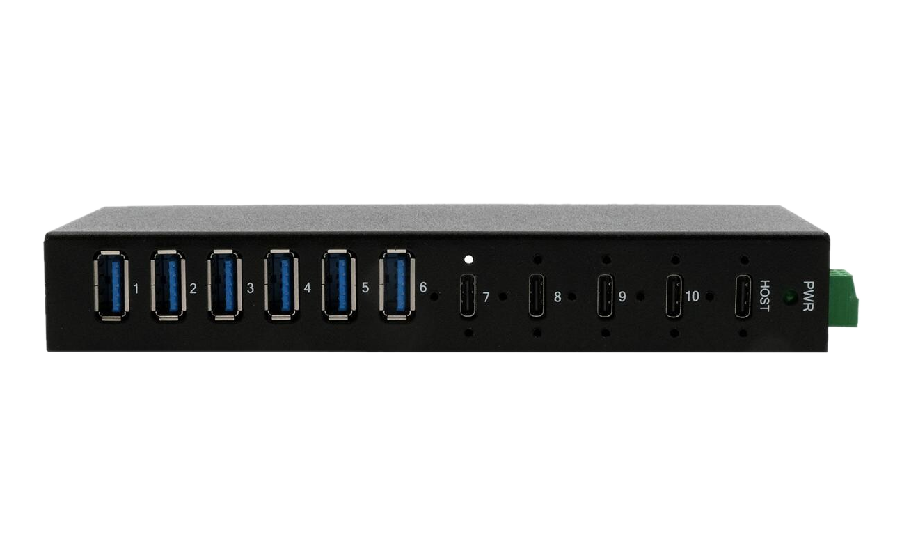 Schwarzer USB-Hub mit 10 Anschlüssen, beschriftet 1-10, Host und PWR. Grüner Anschluss rechts. Dunkler Hintergrund.