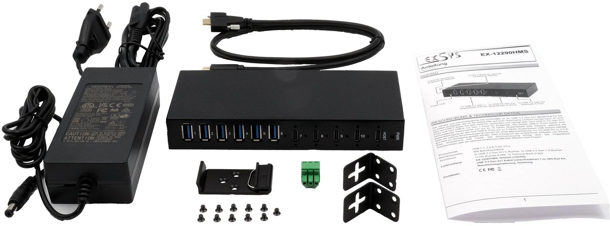 Schwarzer USB-Hub mit Netzteil, Kabeln, Schrauben und Dokumentation auf weißem Hintergrund.