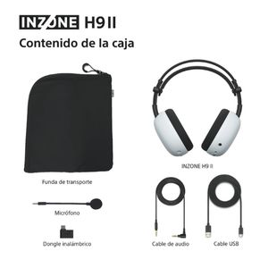 Imagen muestra componentes de auriculares Inzone H9II: una funda de transporte negra, auriculares, micrófono, dongle, cable de audio y cable USB.