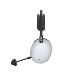 Auriculares blancos y negros sobre fondo blanco. Los auriculares tienen micrófono y soporte.