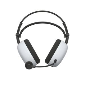 Auriculares blancos y negros con micrófono. Tienen dos auriculares y una diadema ajustable.