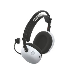 Auriculares blancos y negros con micrófono. La diadema dice UNZONE. Los auriculares son blancos y negros.