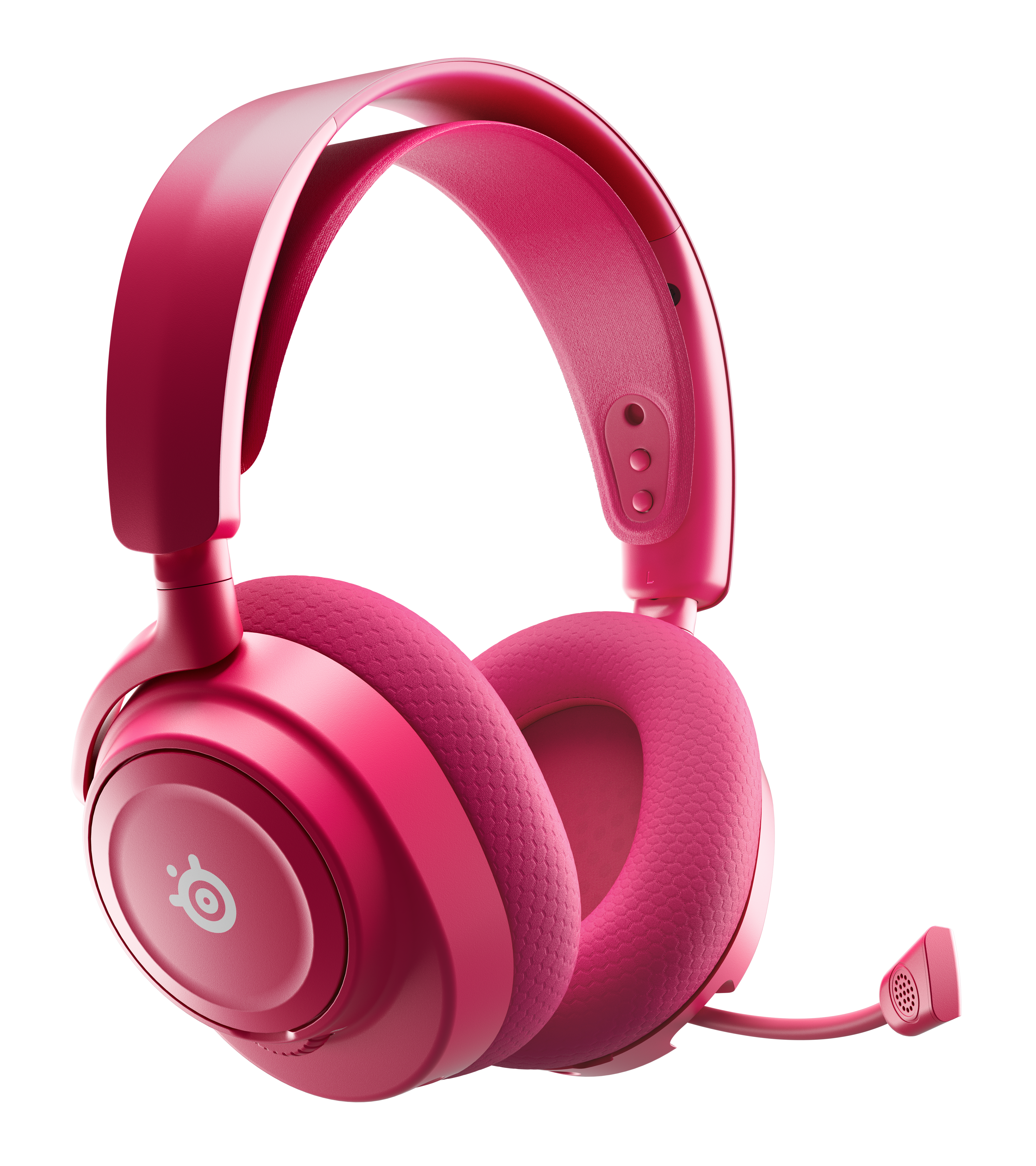 Różowy zestaw słuchawkowy dla graczy, ustawiony pod kątem w prawo, na białym tle. Zestaw posiada nauszniki, pałąk i mikrofon.