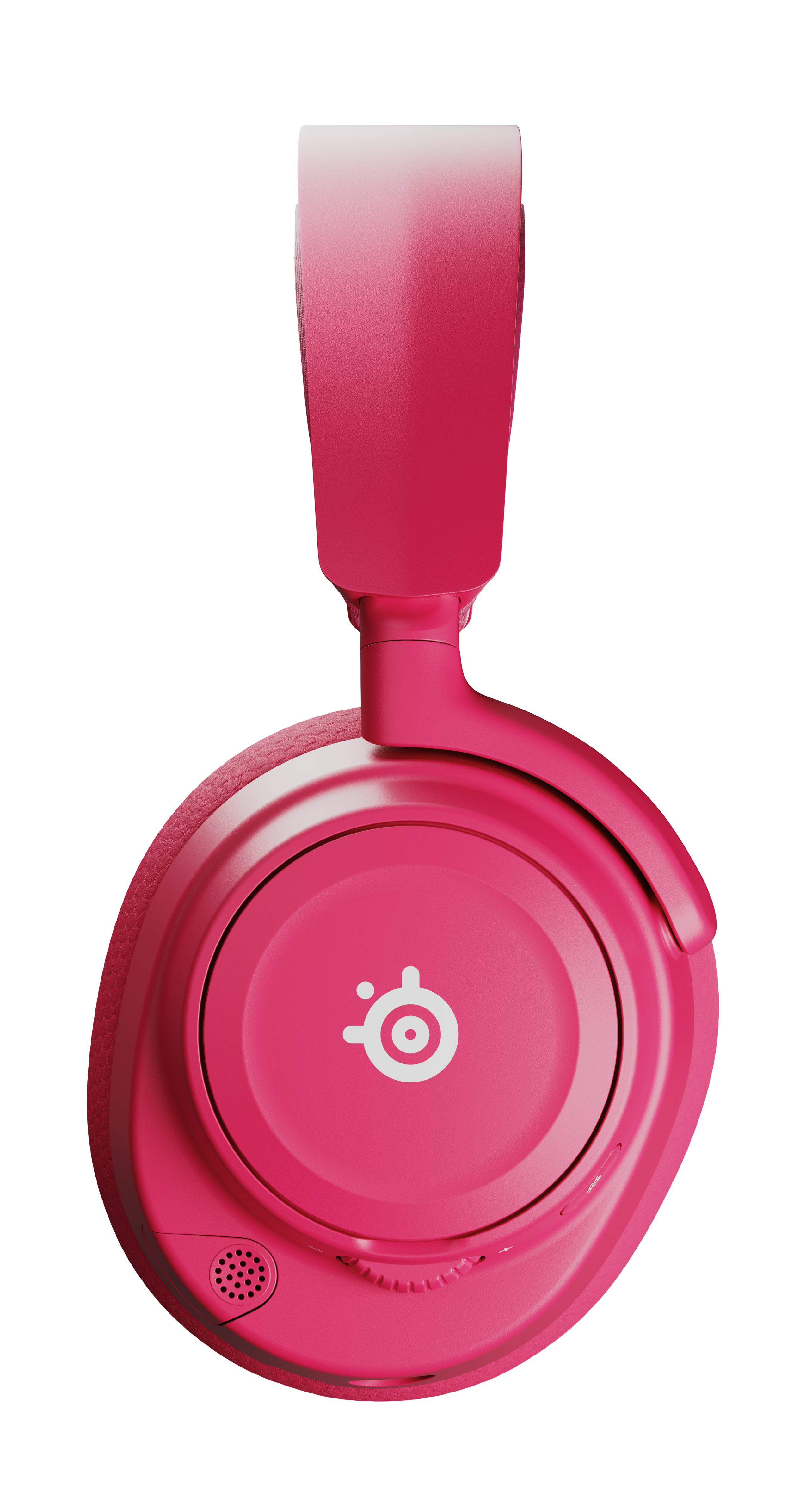 Różowe słuchawki SteelSeries na czarnym tle. Słuchawki mają białe logo na nauszniku.