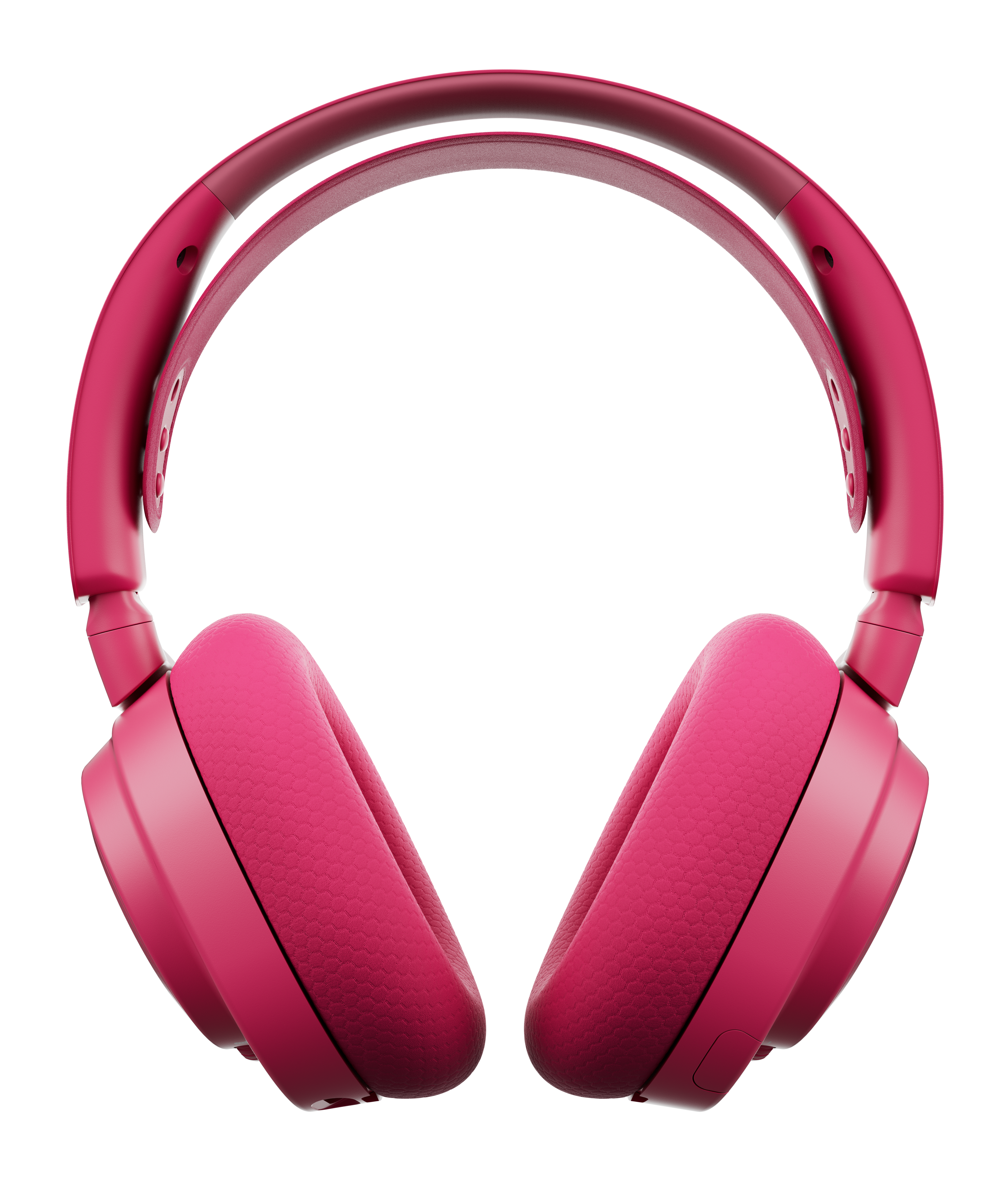 Różowe słuchawki na białym tle. Słuchawki mają wyściełany pałąk i nauszniki.