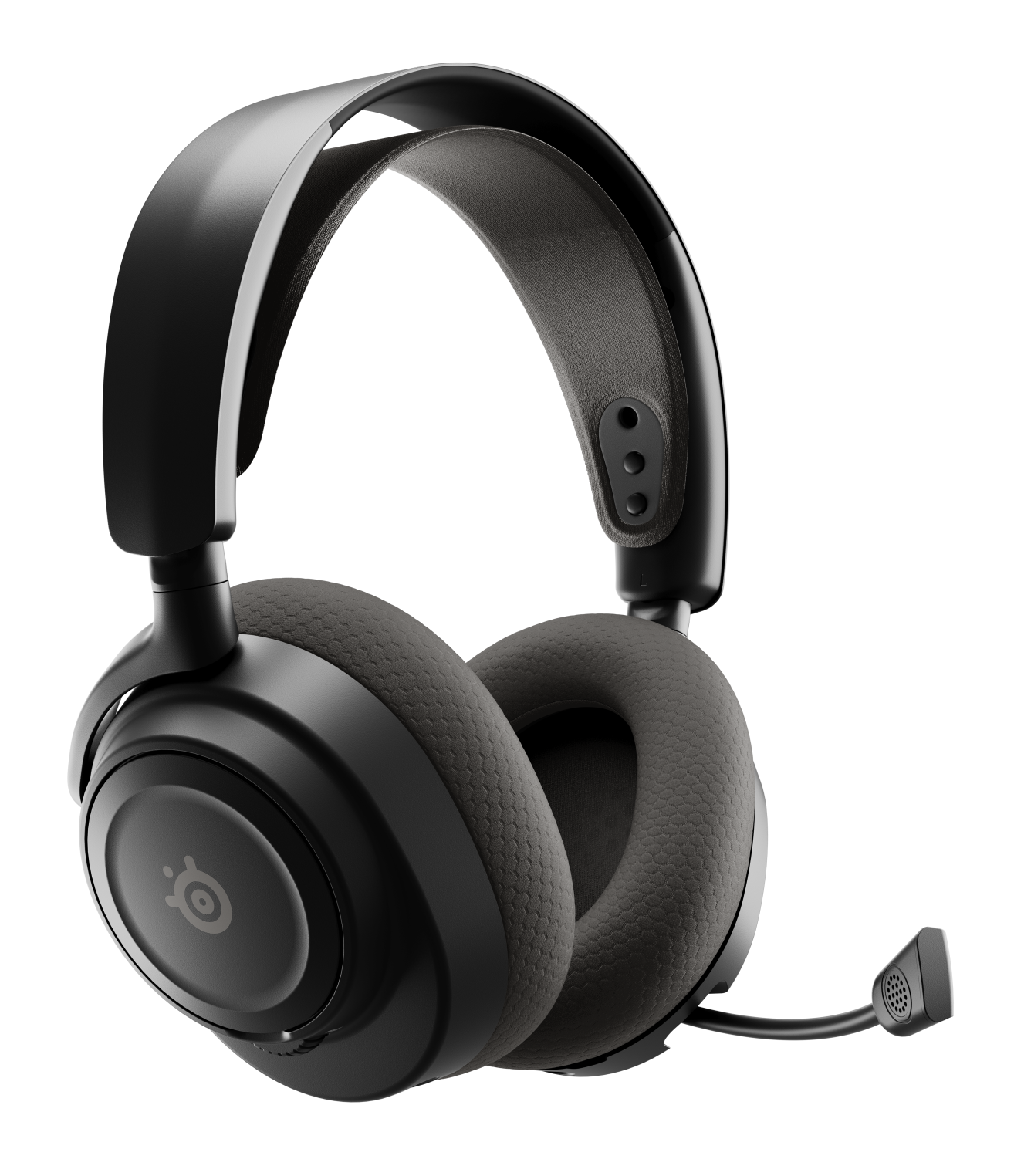 Czarne słuchawki dla graczy z mikrofonem. Słuchawki mają okrągłe nauszniki z szarą wyściółką i logo SteelSeries.