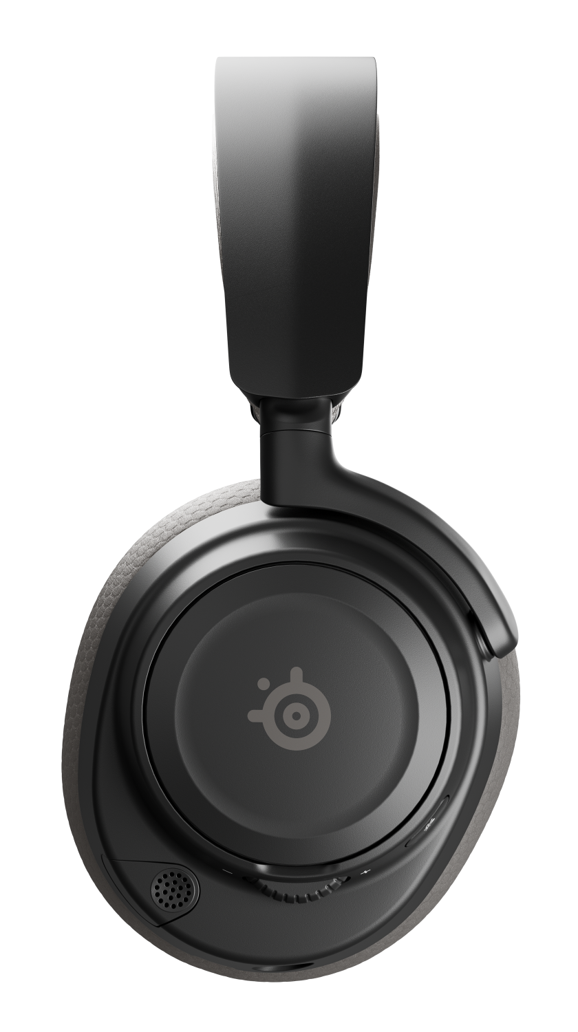 Czarno-szary zestaw słuchawkowy SteelSeries. Muszle są okrągłe z teksturowanym zewnętrznym pierścieniem. Pałąk jest czarny i szary.