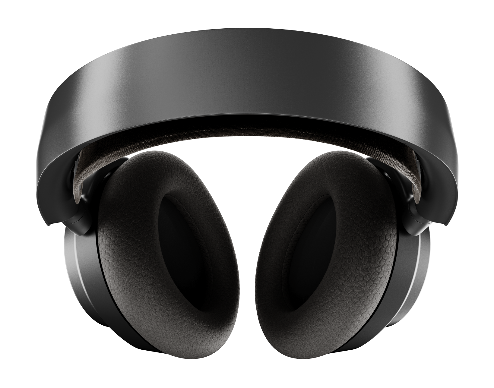 Zbliżenie czarnych słuchawek. Muszle są duże i wyściełane. Pałąk jest zakrzywiony i łączy się z muszlami.