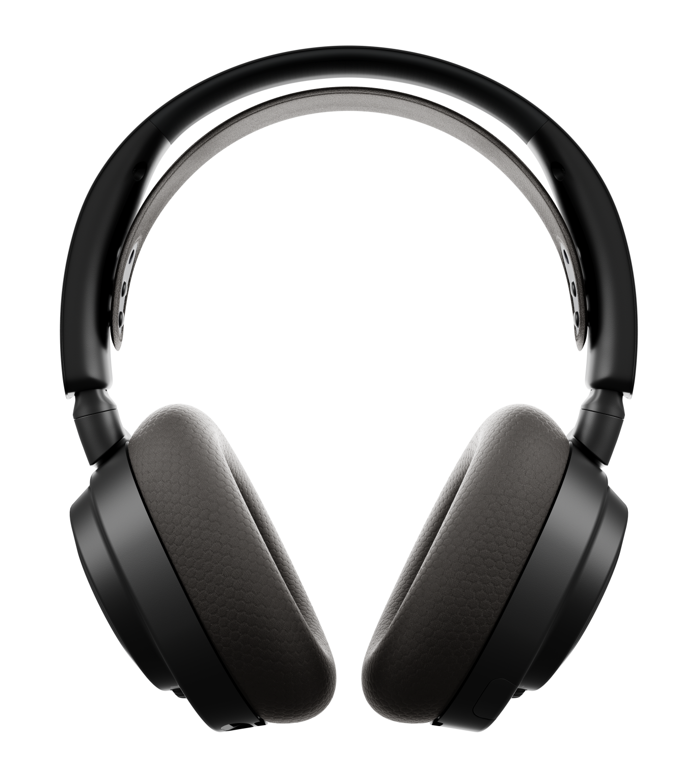 Czarne słuchawki z szarymi nausznikami na czarnym tle. Pałąk nagłowny wygina się do góry.