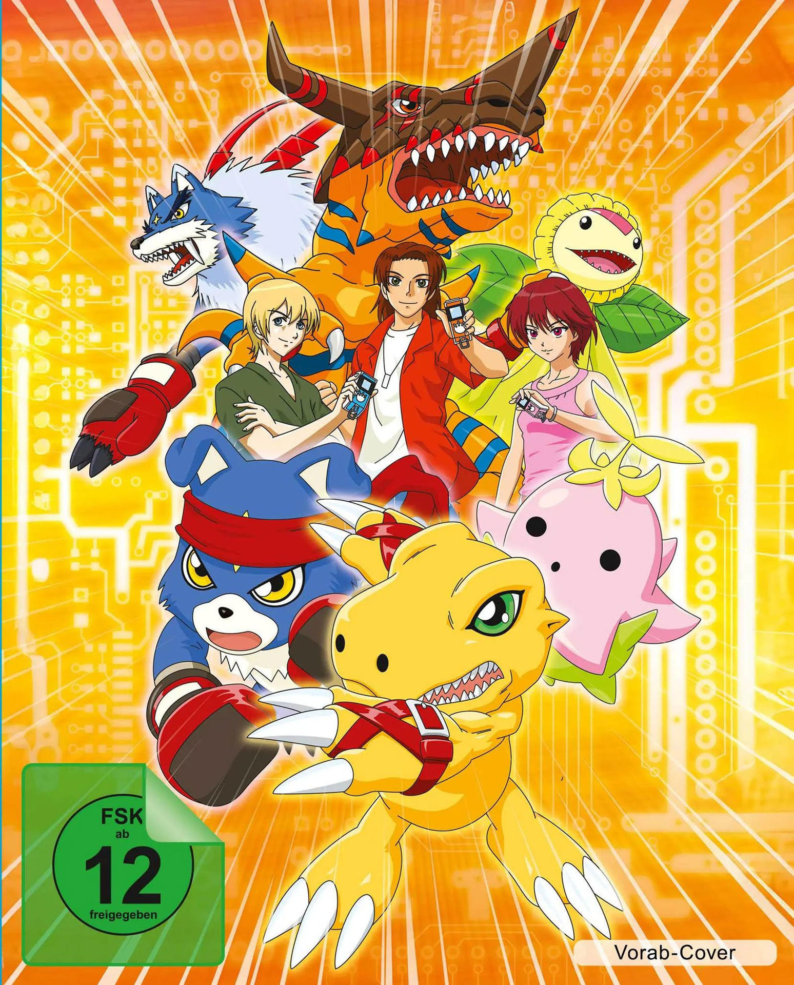 Anime-Cover mit Digimon-Charakteren und Menschen vor einem gelben Hintergrund im Schaltkreismuster. Bewertungsschild vorhanden.