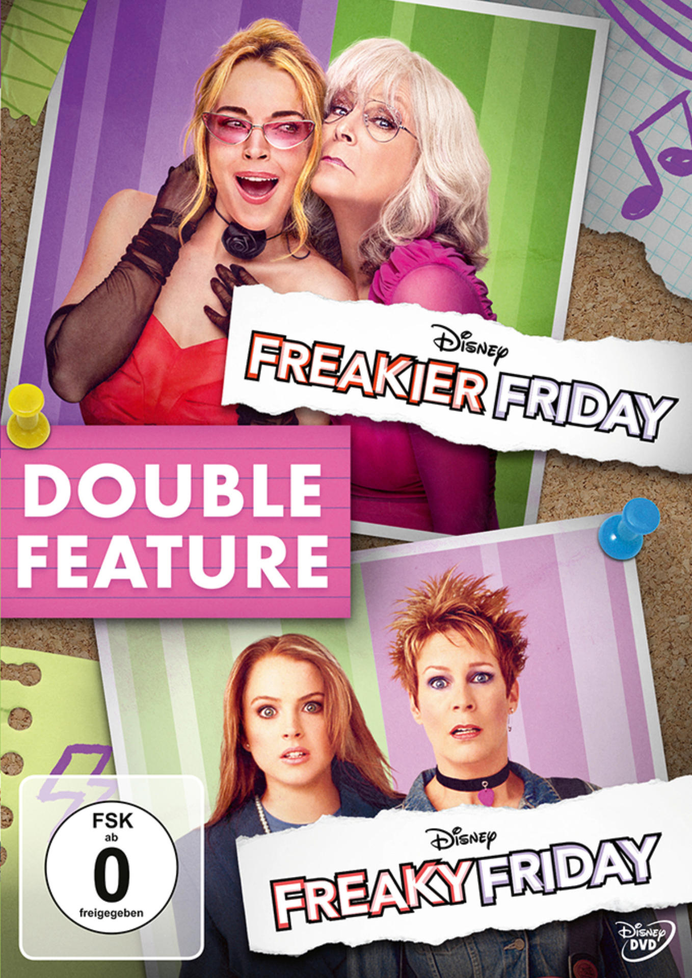 Freaky Friday DVD-Cover. Lindsay Lohan, Jamie Lee Curtis. Rosa-violetter Hintergrund. Doppelfunktionstext. Disney-Logo.