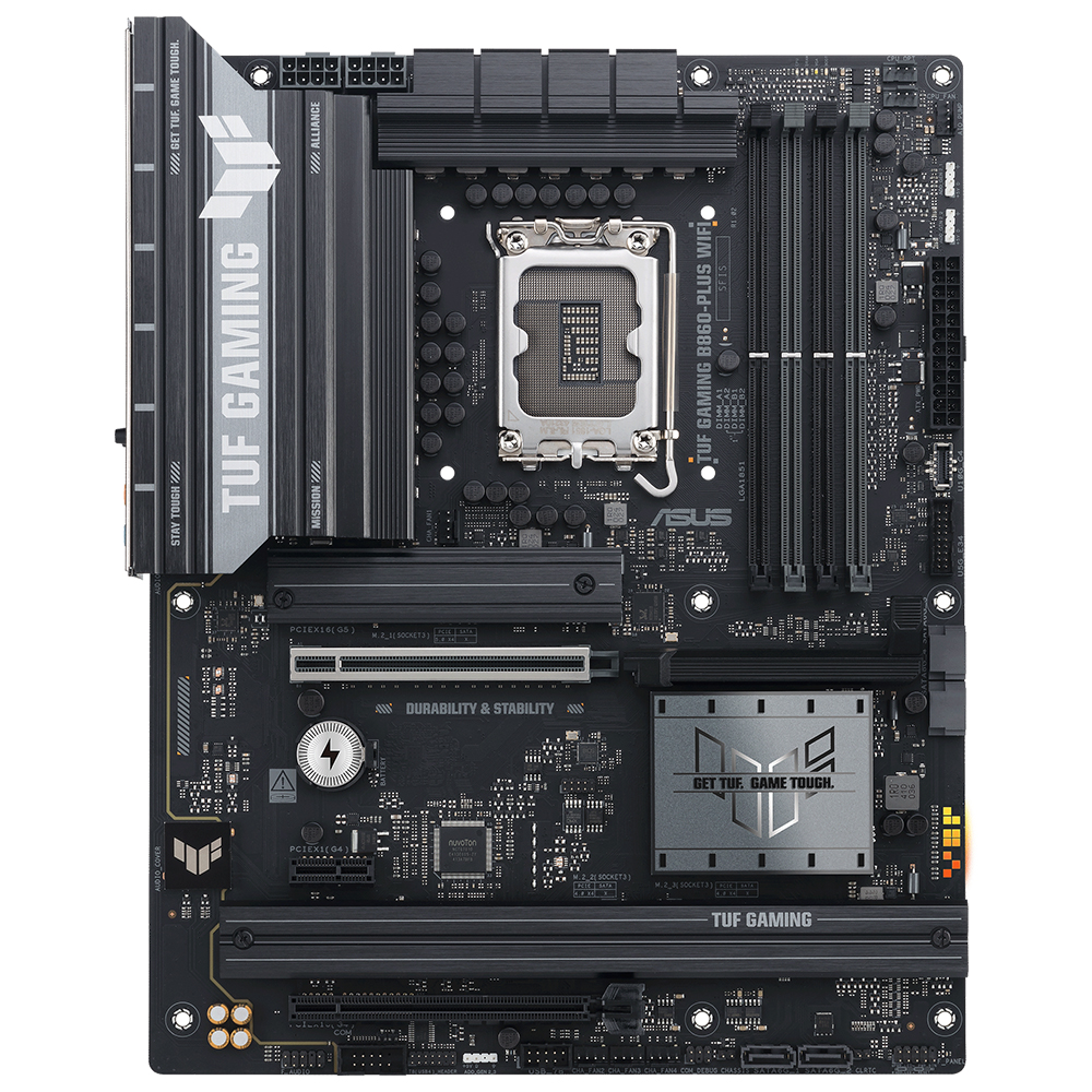 Gümüş detaylara sahip siyah bir ASUS TUF Gaming anakartı. CPU soketi ve genişletme yuvaları dahil olmak üzere temel bileşenler görünür.