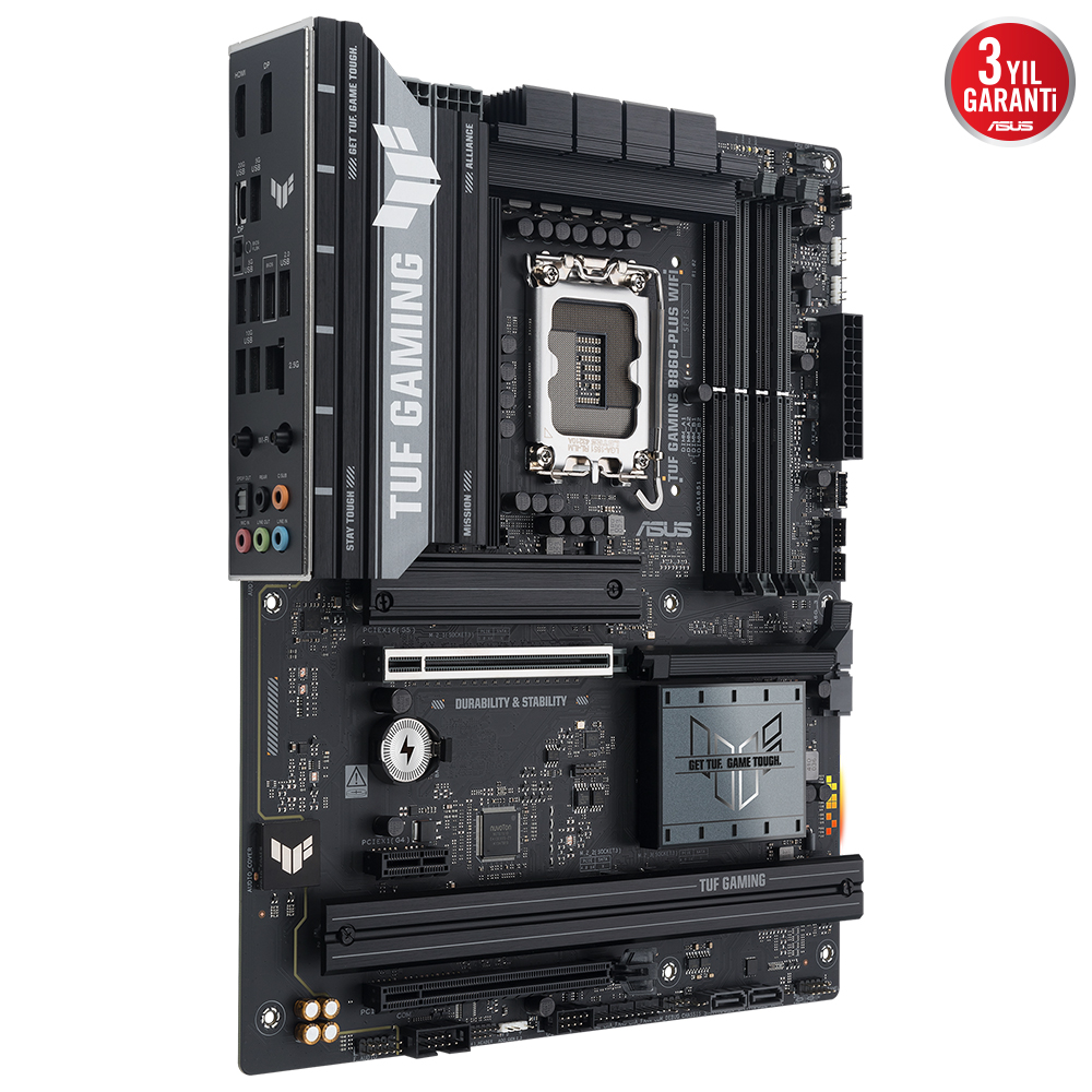 Siyah bir Asus TUF Gaming anakart. Çeşitli bağlantı noktaları, yuvaları ve 'TUF Gaming' kelimeleri belirgin bir şekilde sergileniyor.