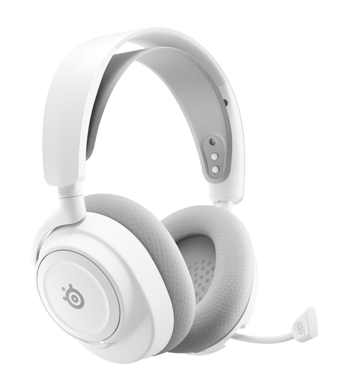 Biały zestaw słuchawkowy dla graczy na czarnym tle. Ma białe nauszniki i pałąk, szare poduszki i mikrofon.