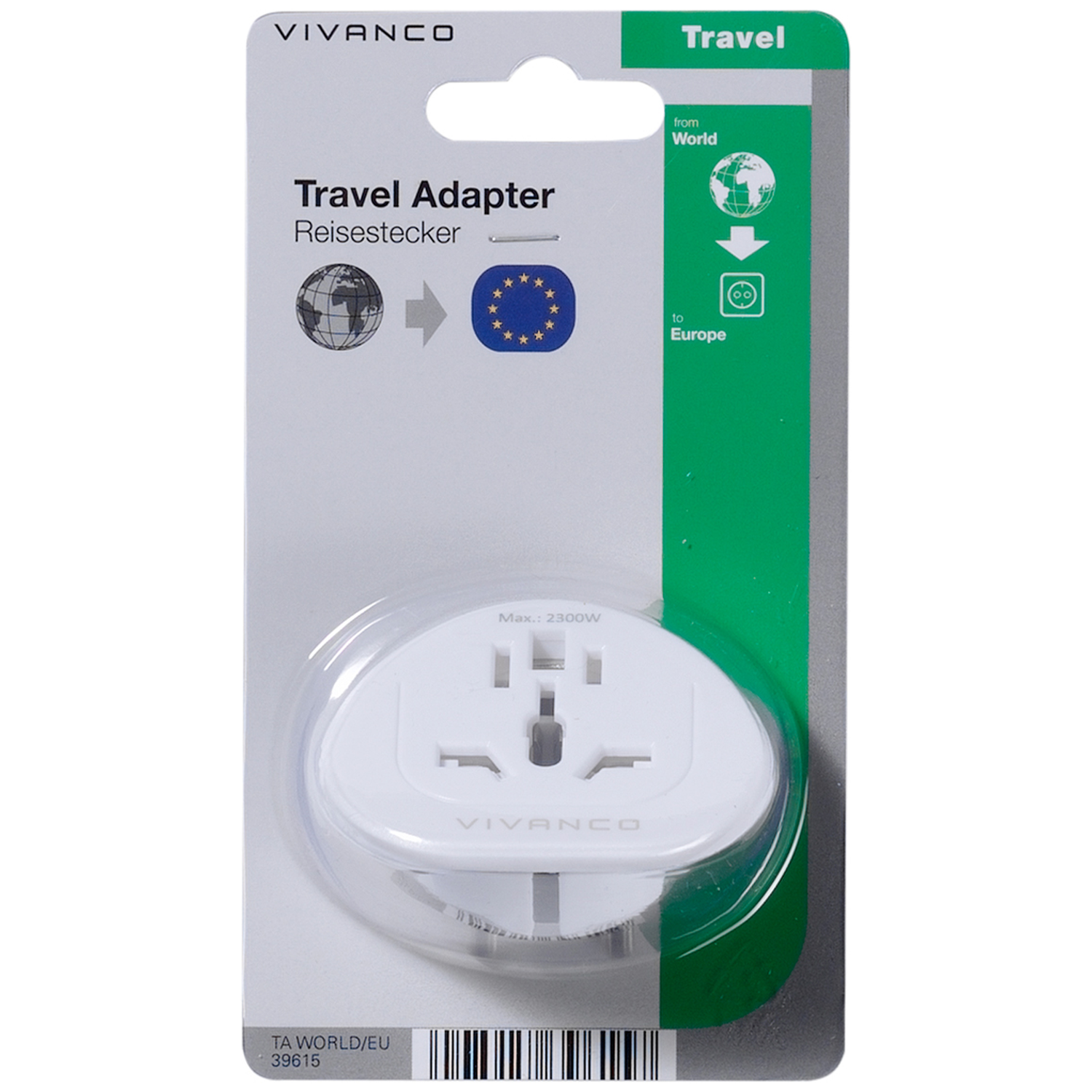 Een reisadapter in verpakking. Witte adapter met meerdere stekker types. Tekst bevat 'Reisadapter' en 'Europa'.