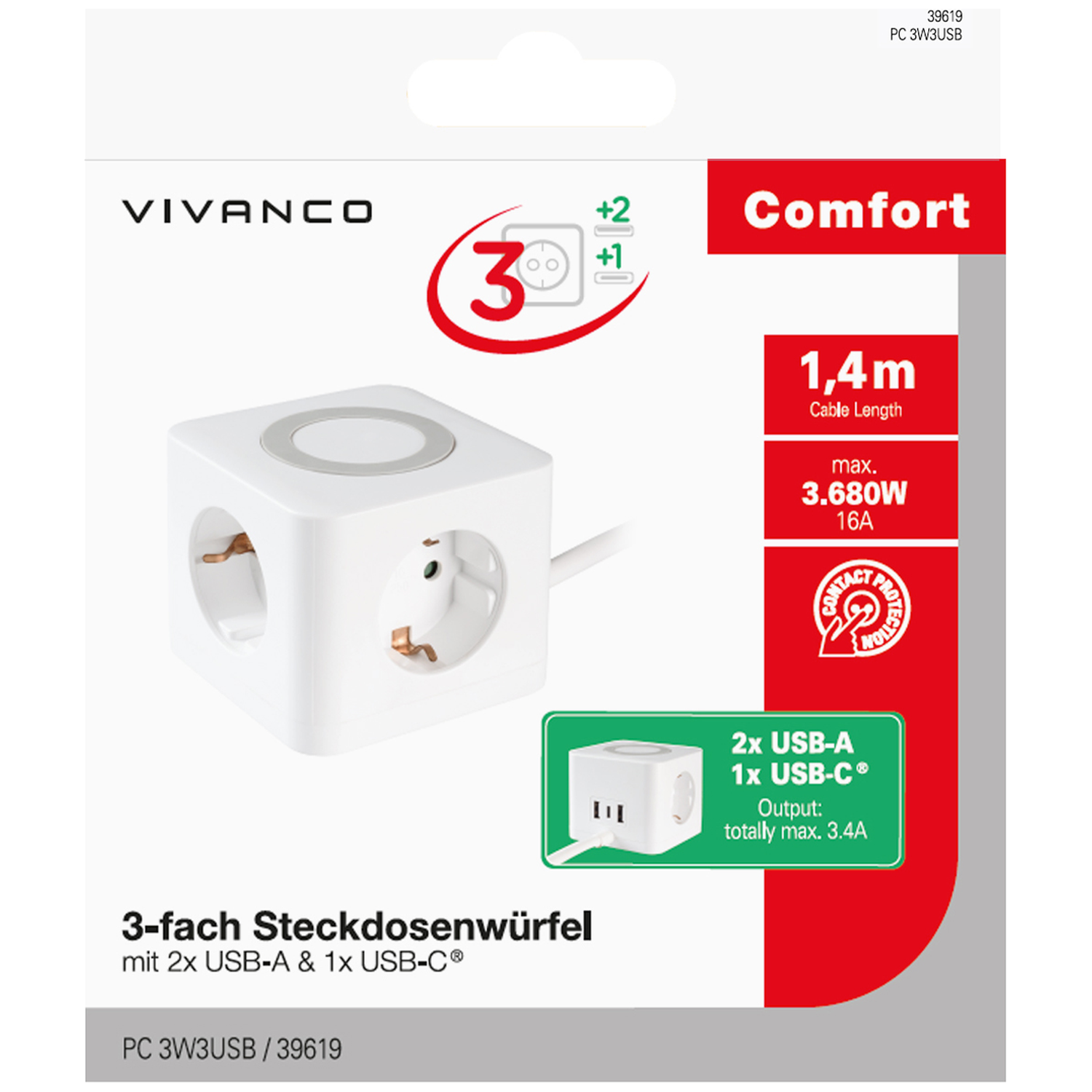 Een witte stekkerdoos met drie stopcontacten en USB-poorten. Het heeft een rood en groen label met tekst. De verpakking bevat de merknaam Vivanco.