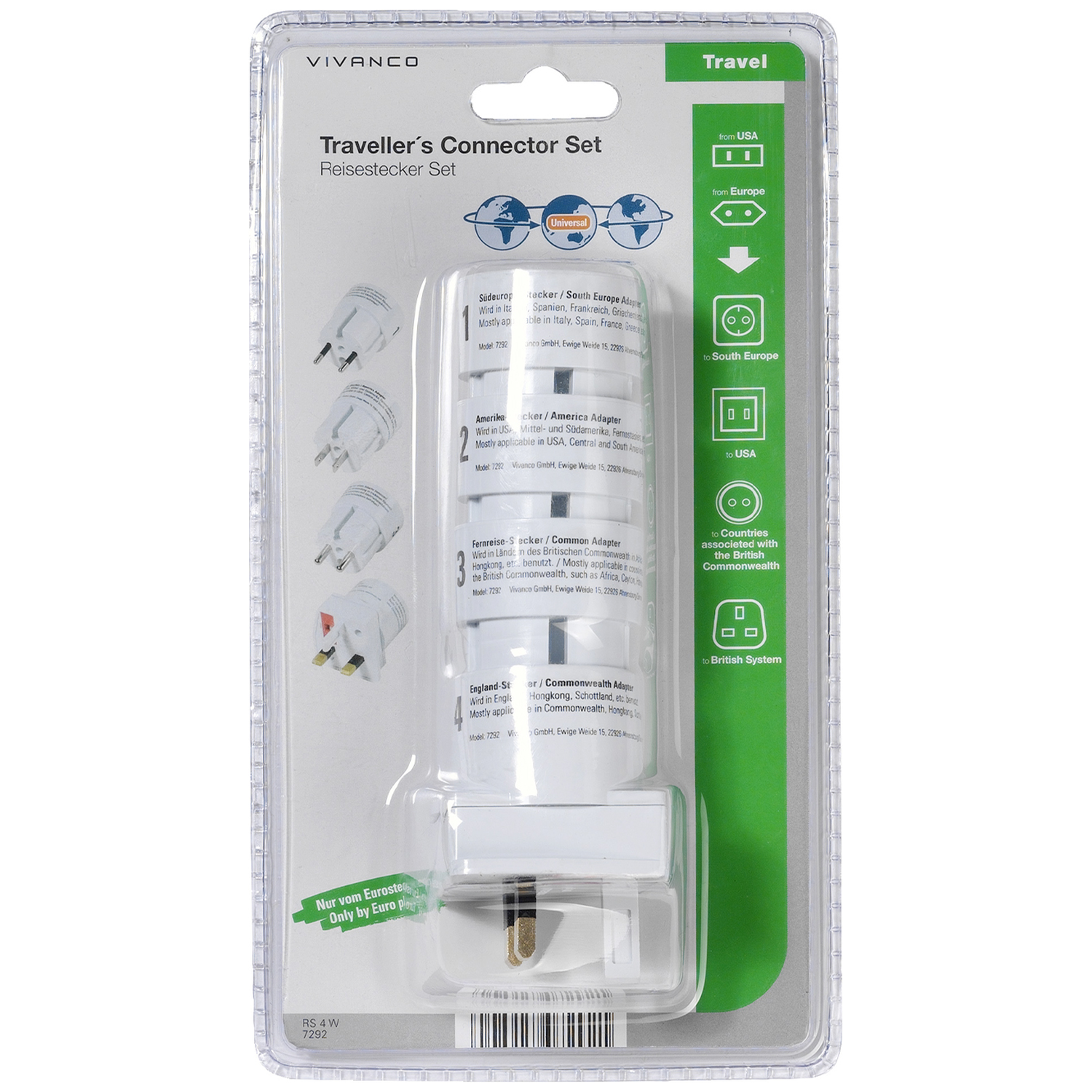 Een reisadapterset in een plastic verpakking. Bevat meerdere witte adapters voor verschillende regio's.
