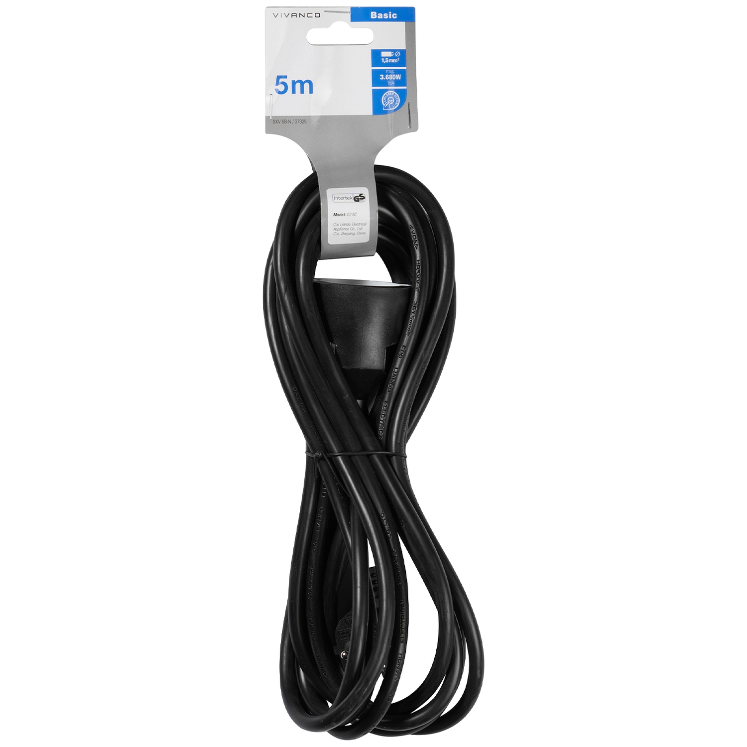 A black 5m power cable with a black plug and white packaging. The packaging shows technical specs and the Vivanco brand.