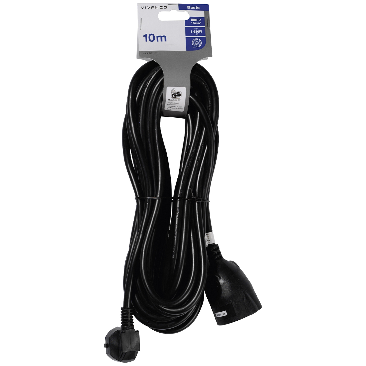 A black 10m power extension cable with a UK plug and socket, packaged with a product information label.