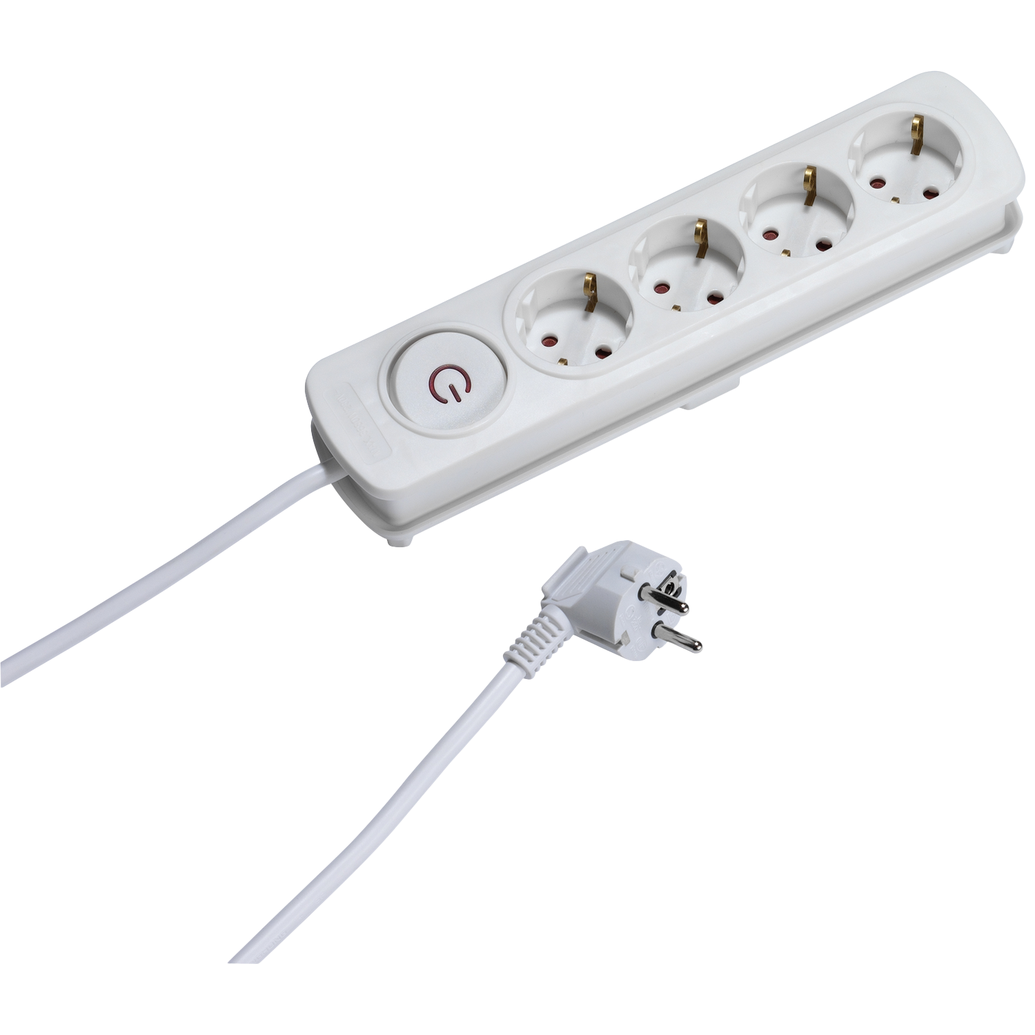 Wit verlengsnoer met vier stopcontacten en een aan/uit-knop. Een witte stekker met drie pinnen is aangesloten.