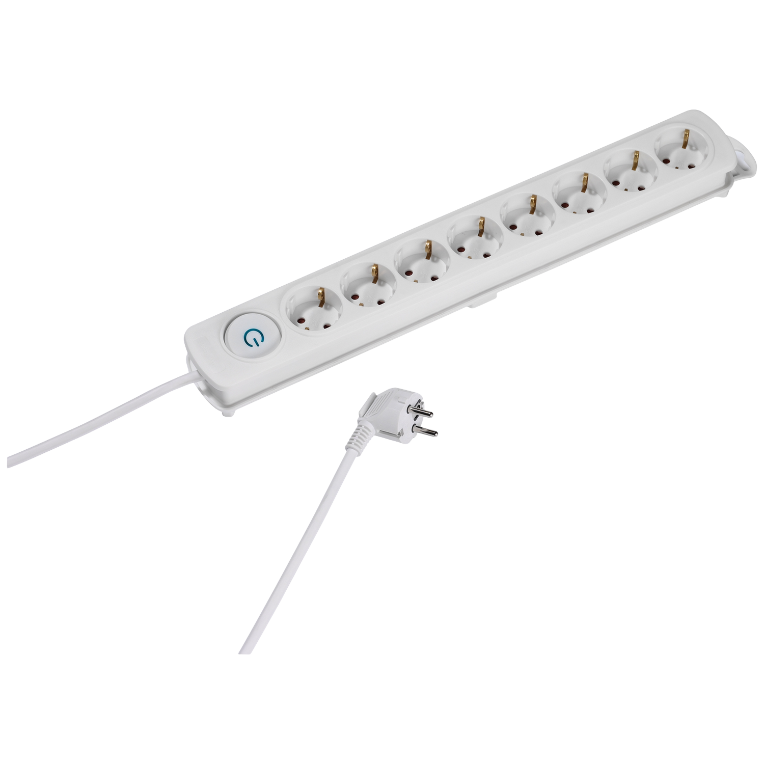 Een witte stekkerdoos met acht stopcontacten en een aan/uit-knop. Een witte stekker is via een witte kabel aangesloten.