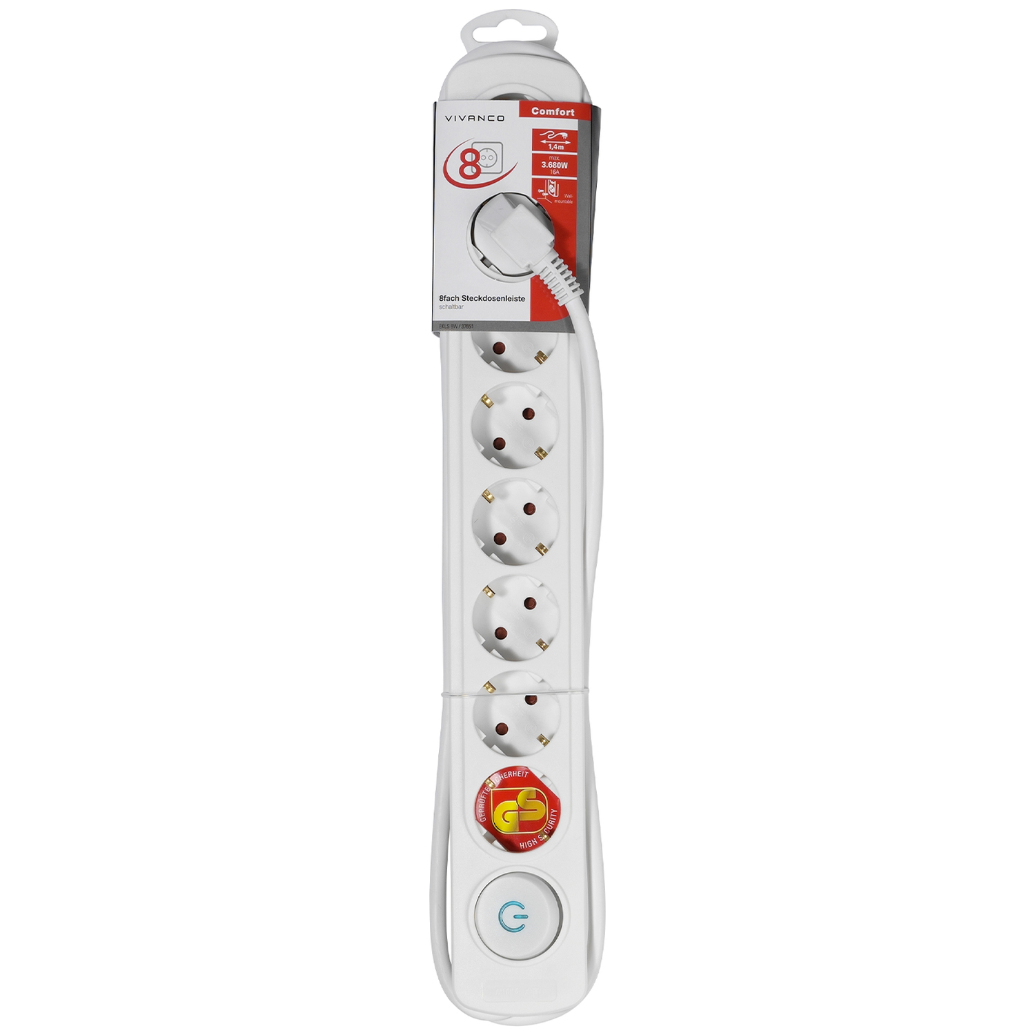 Een witte stekkerdoos met acht stopcontacten, een aan/uit-knop en een witte kabel. De verpakking bevat merk- en veiligheidsinformatie.