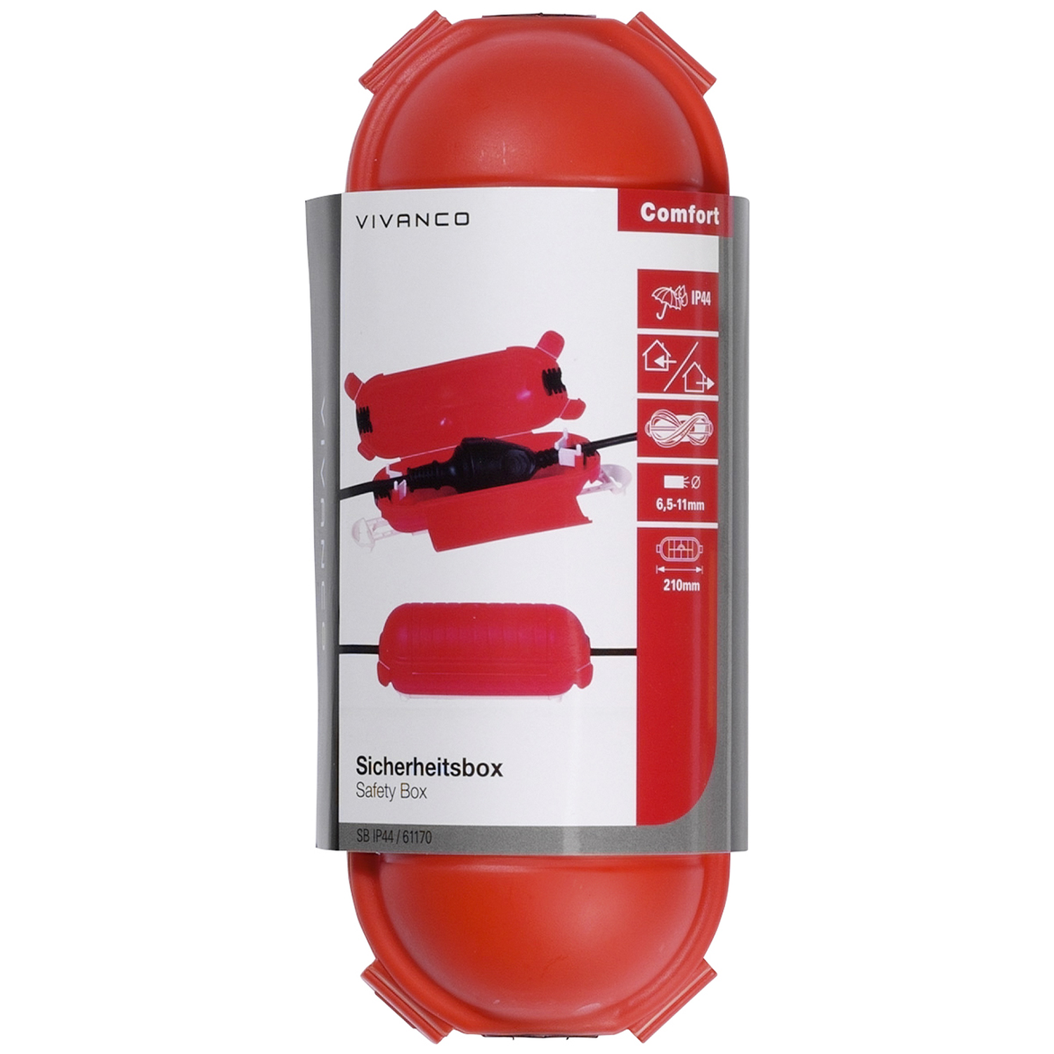 Red Vivanco Comfort safety box. It displays a product image, information, and safety icons. The box is IP44 rated and 210mm long.