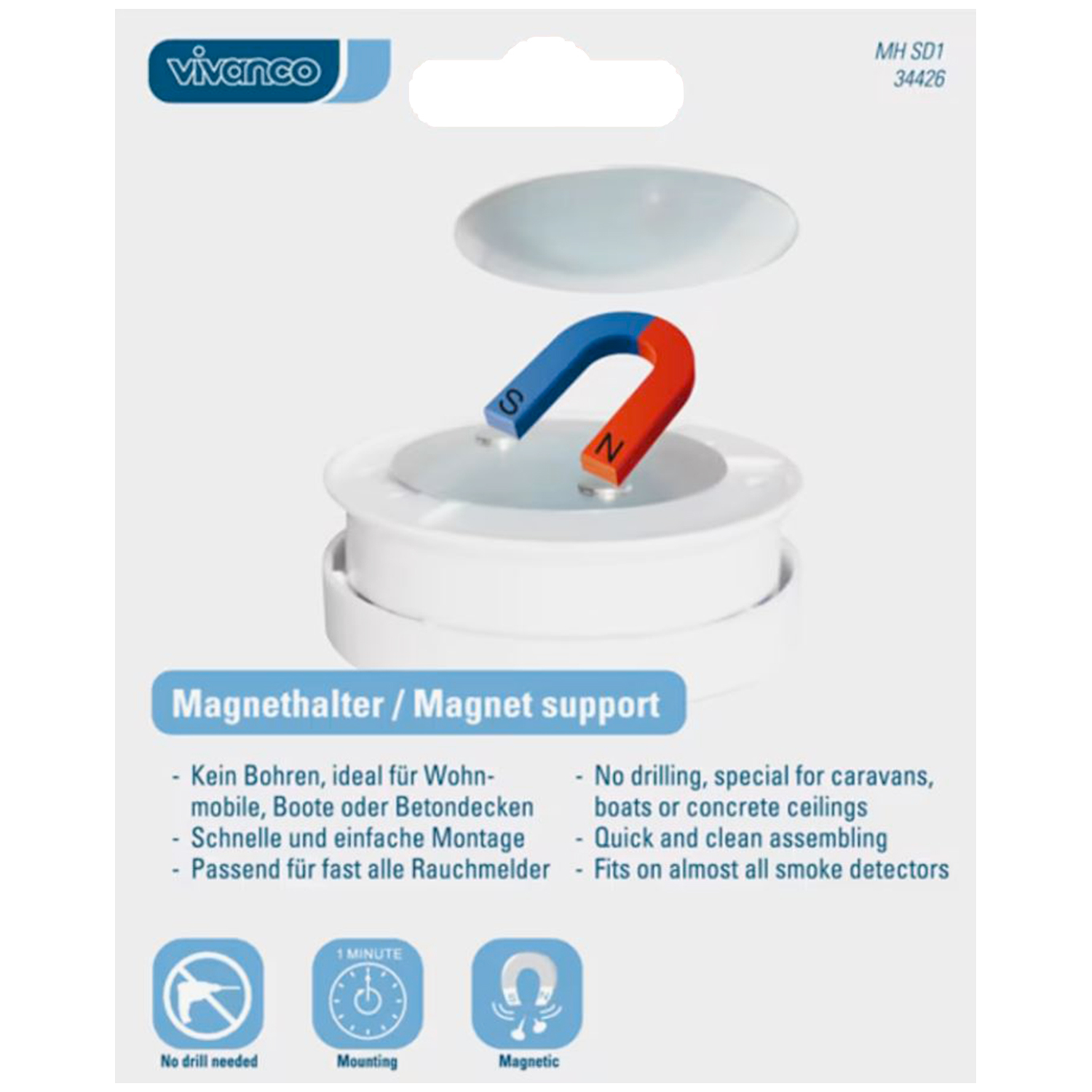 Verpakking toont een magnetische steun met een blauwe en rode magneet, witte onderdelen en tekst in het Duits en Engels.
