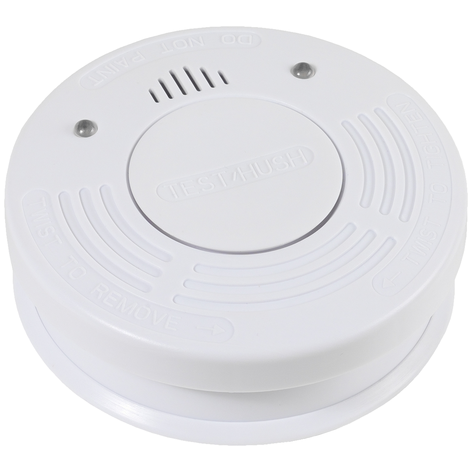 Een witte rookmelder. Het heeft een centrale testknop, ventilatiesleuven en tekst 'TEST/HUSH' en 'TWIST TO REMOVE'.
