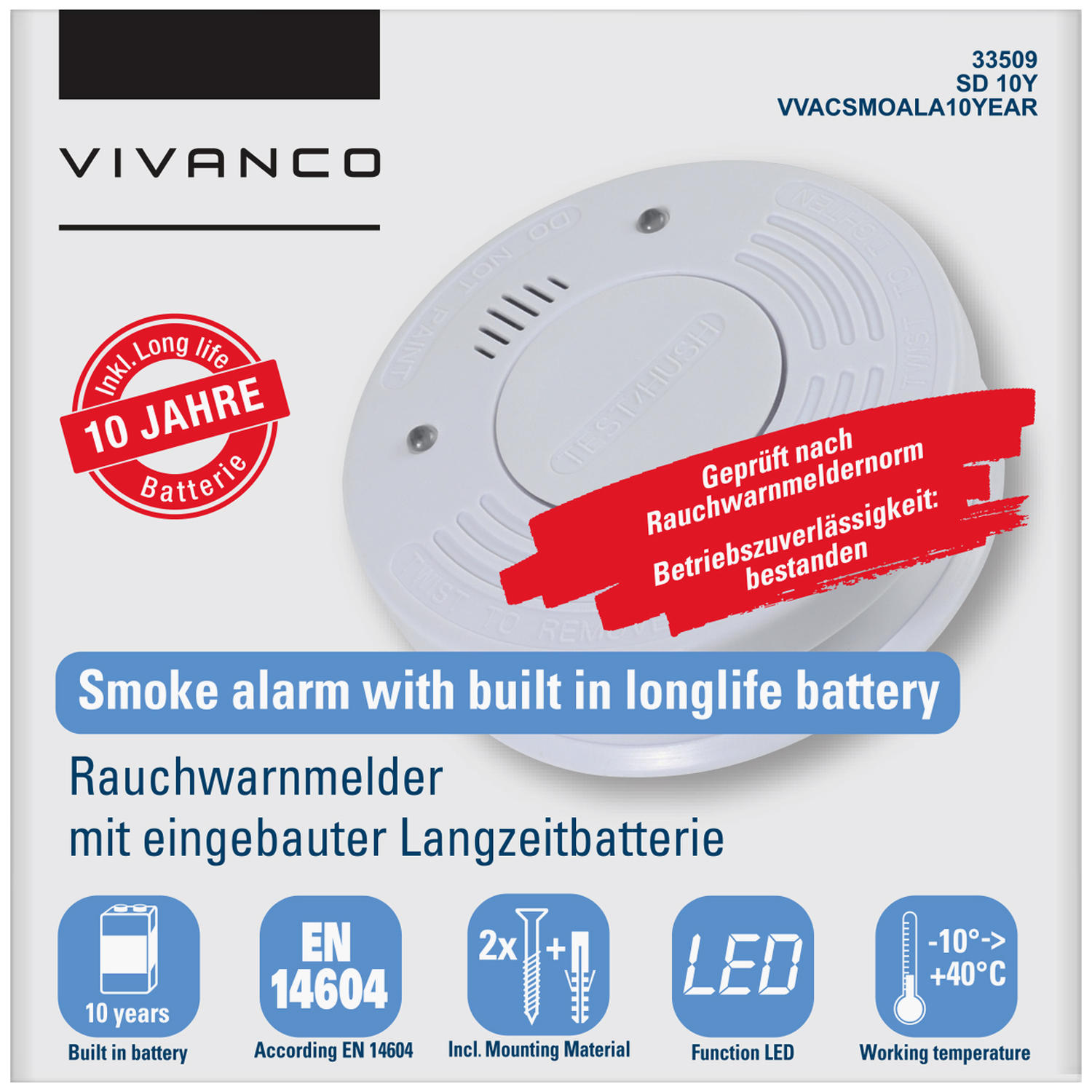 Witte rookmelder met rode en blauwe tekst. Er staat '10 jaar' en 'lange levensduur batterij'. Er zit ook een testknop op.