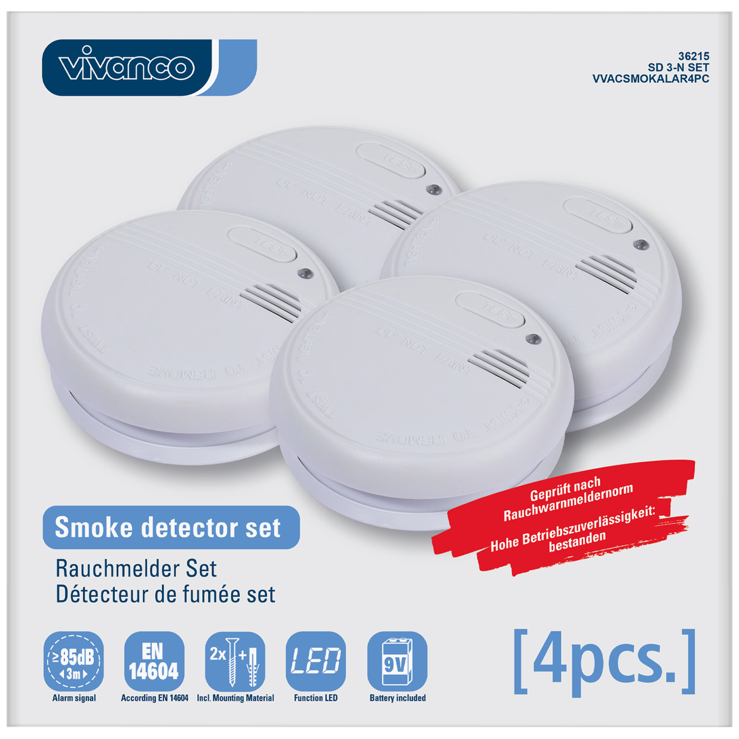 A smoke detector set, featuring four white smoke detectors. Packaging shows details and icons for features like alarm, battery.