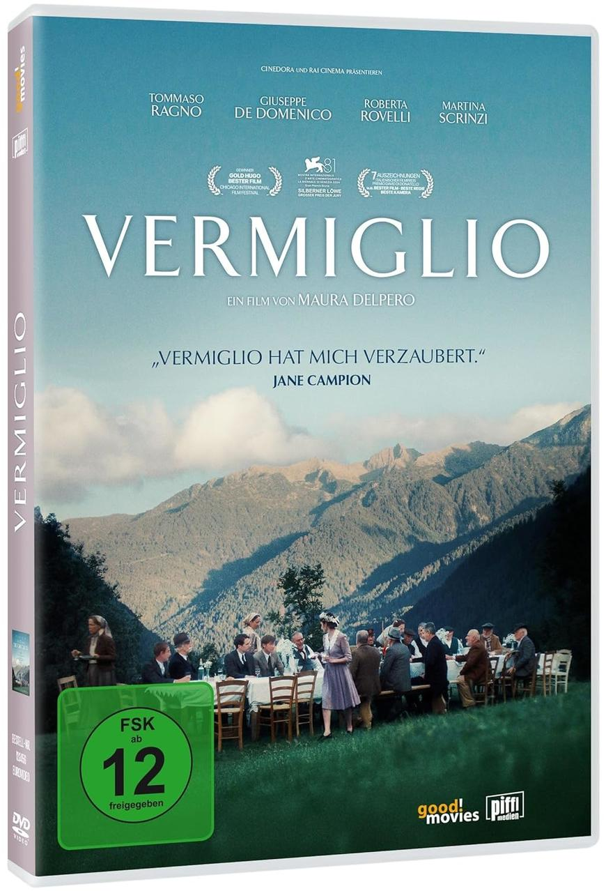 Filmcover mit Titel VERMIGLIO, Menschen speisen im Freien, Bergkulisse. Enthält Bewertung und Auszeichnungen.