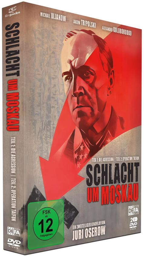 DVD-Cover für 'Schlacht um Moskau'. Enthält ein Porträt eines Mannes, einen roten Pfeil und Text auf Deutsch. Grüne FSK-Einstufung.