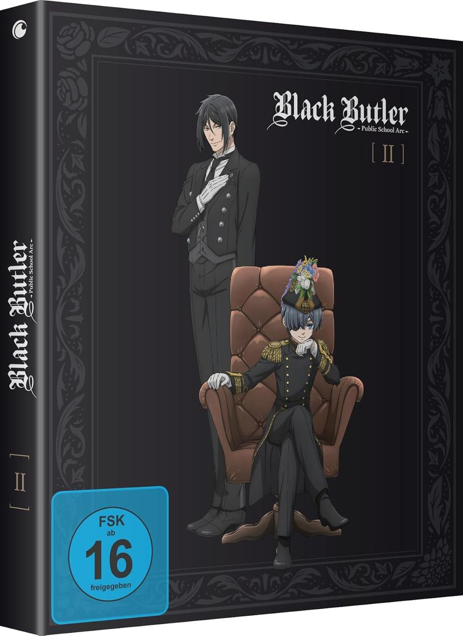 Cover-Art für den Anime Black Butler. Zwei Männer in formeller Kleidung. Einer steht, der andere sitzt in einem Stuhl. Titel und Bewertung sind ebenfalls vorhanden.