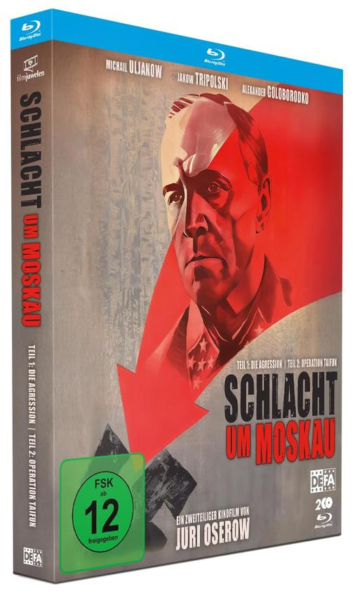 DVD-Box mit Porträt eines Mannes, rotem Pfeil und deutschem Text: Schlacht um Moskau.