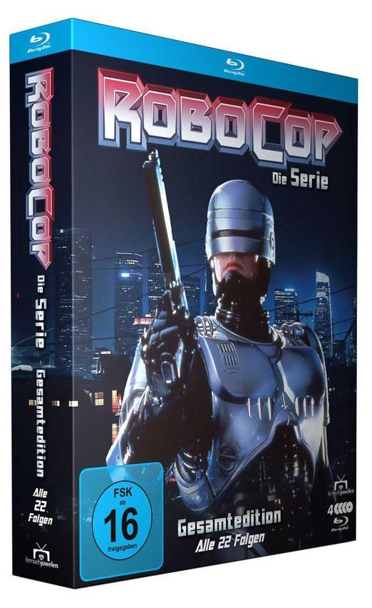 RoboCop DVD-Box. RoboCop in metallischer Rüstung hält eine Pistole. Skyline im Hintergrund. Text: Die Serie, Gesamtedition.