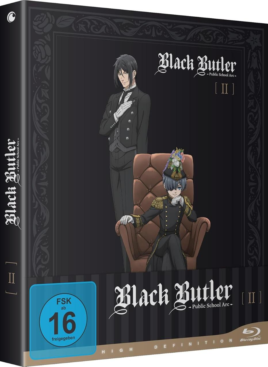 Anime-Box-Art für Black Butler. Zeigt zwei Charaktere in formeller Kleidung. Enthält Text und ein Blu-ray Disc Logo.