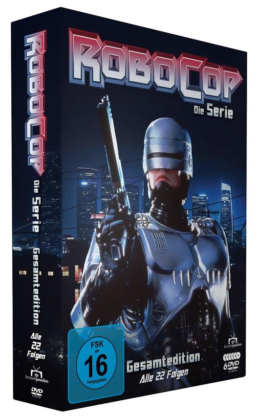 RoboCop DVD-Box. Das Cover zeigt RoboCop mit einer Waffe, im Hintergrund eine Stadtlandschaft. Text enthält 'Die Serie' und 'Gesamtedition'.
