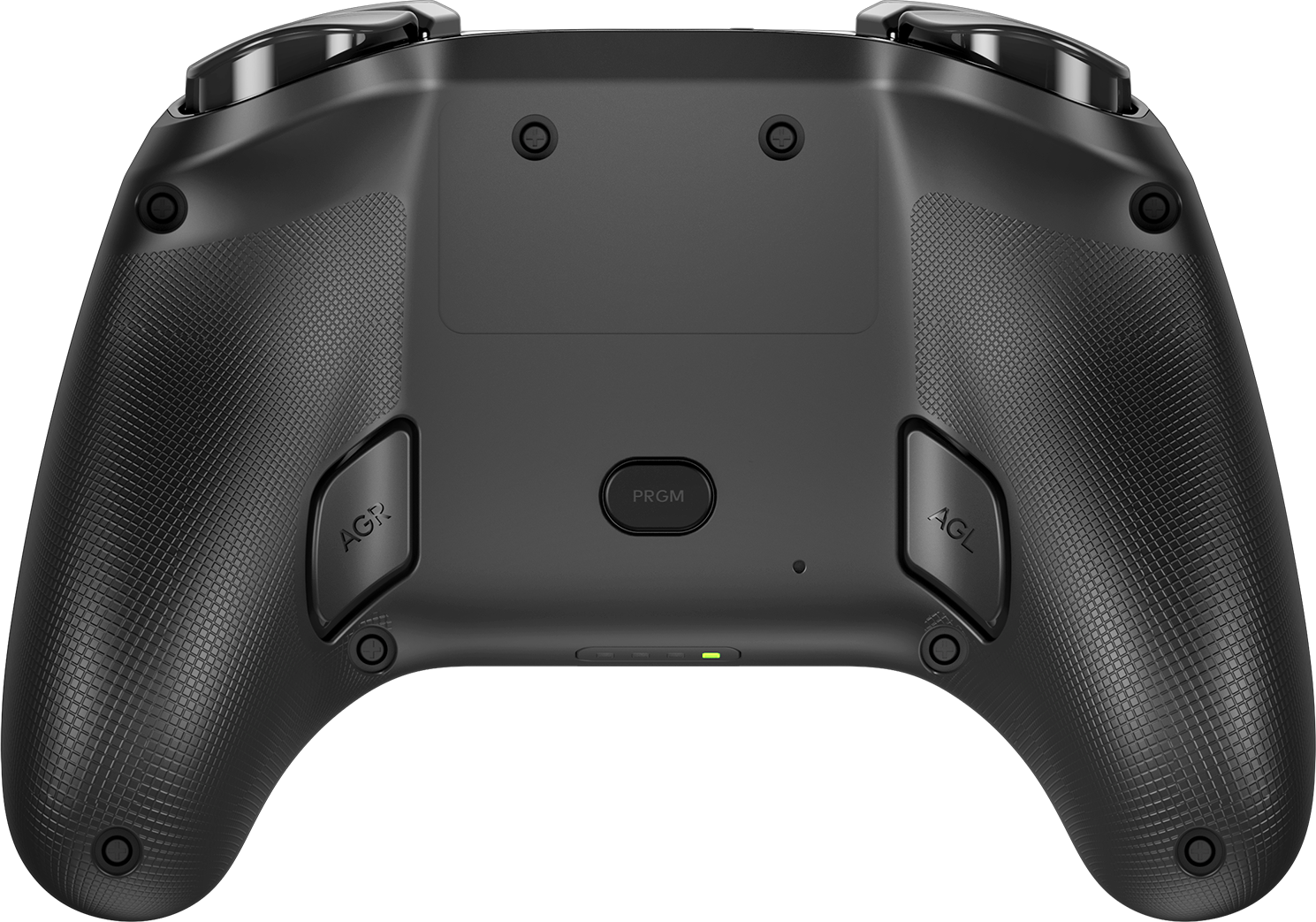 Fekete gamepad hátlap gombokkal: AGR, AGL, PRGM. Zöld fény alul. Texturált markolat. Két felső ravasz. Fekete háttér.