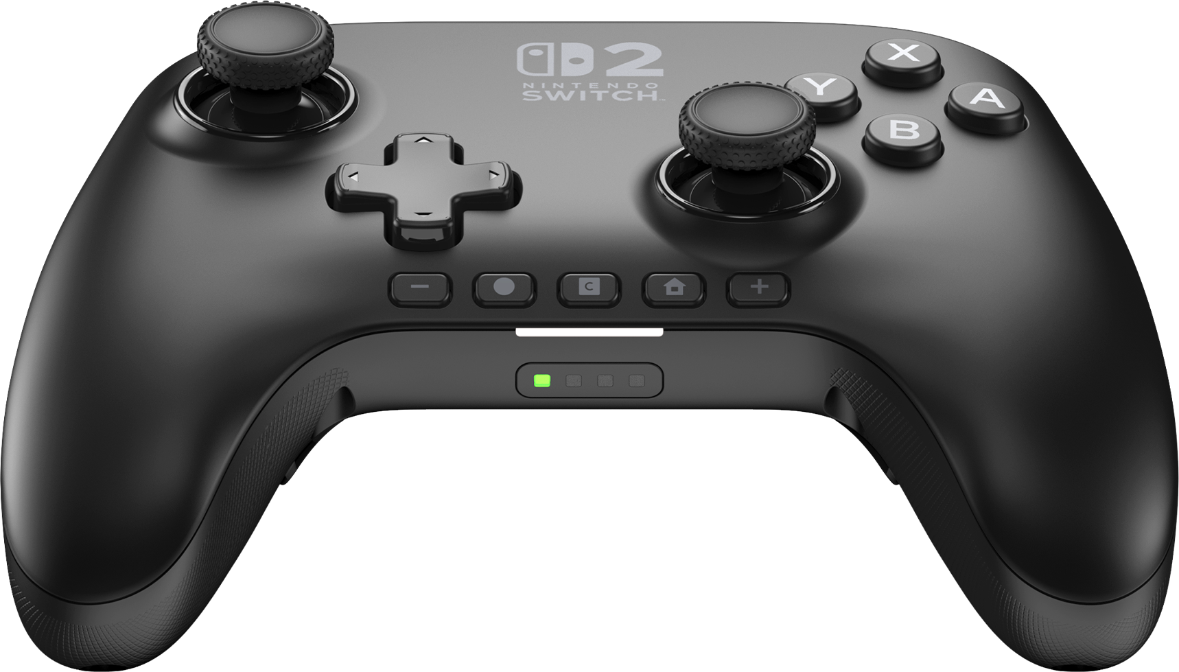 Fekete Nintendo Switch vezérlő. Gombok, joystickek és D-pad található. A Switch logó látható. A háttér fekete.
