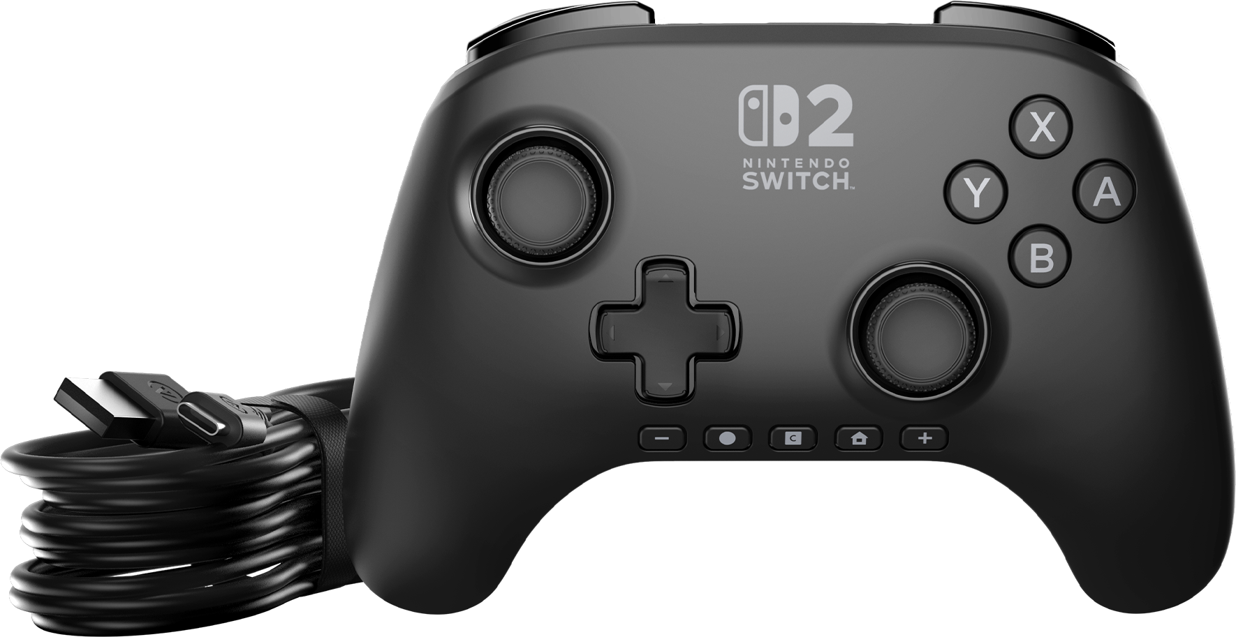 Fekete Nintendo Switch vezérlő gombokkal és USB-kábellel, fekete háttér előtt. A vezérlőn a Nintendo Switch logója látható.